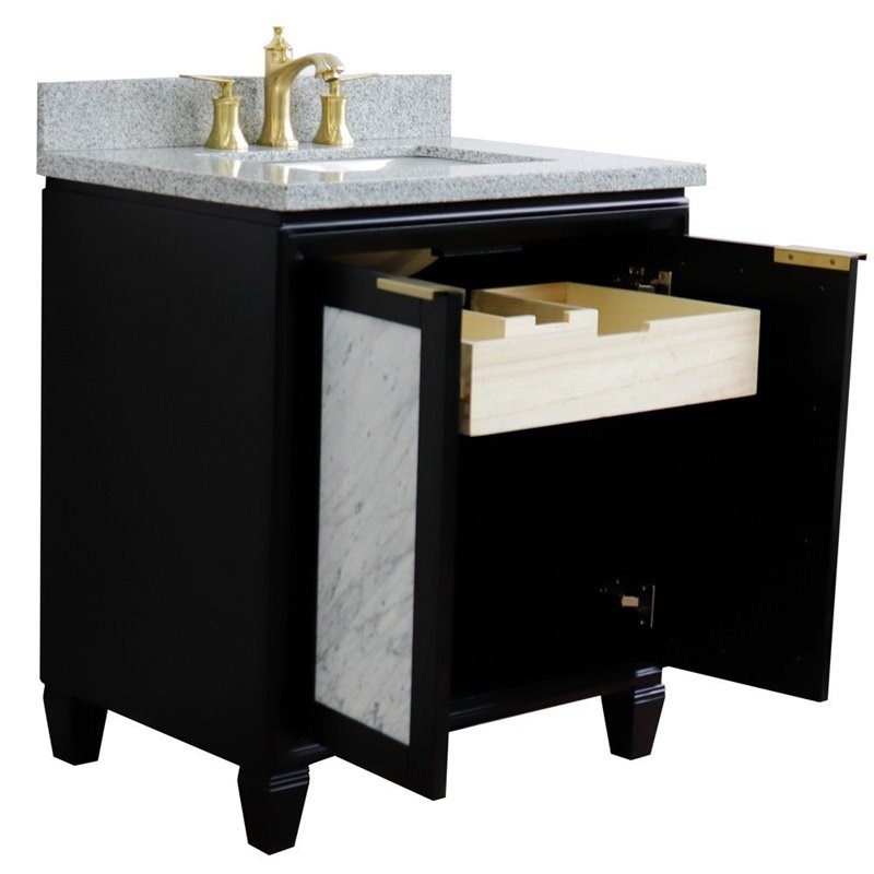 Pemberly Row Single Rectangle Sink Solid Wood Vanity in Blue/Gray Granite Stone