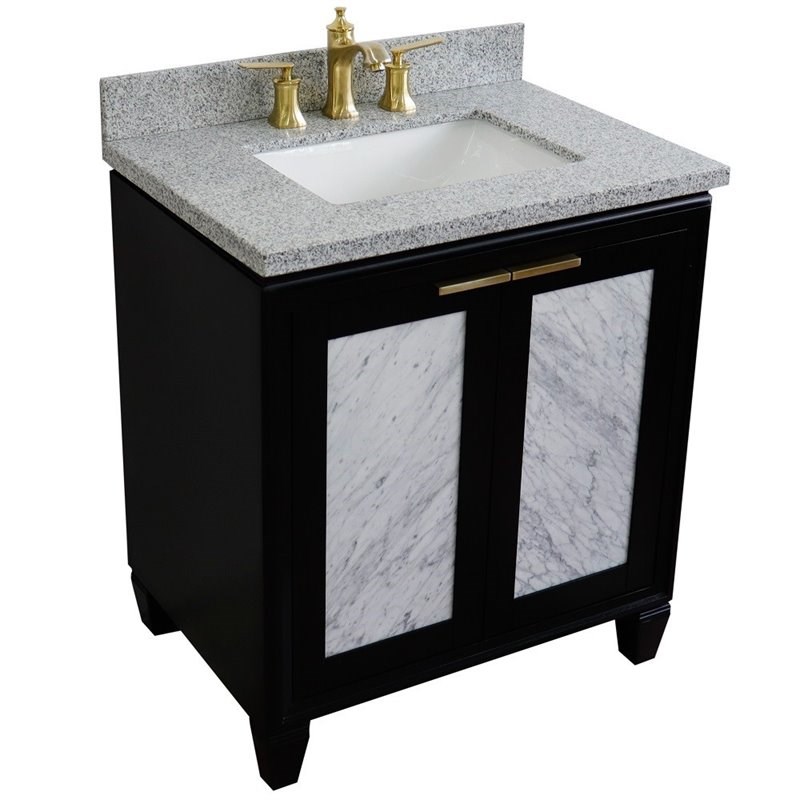 Pemberly Row Single Rectangle Sink Solid Wood Vanity in Blue/Gray Granite Stone