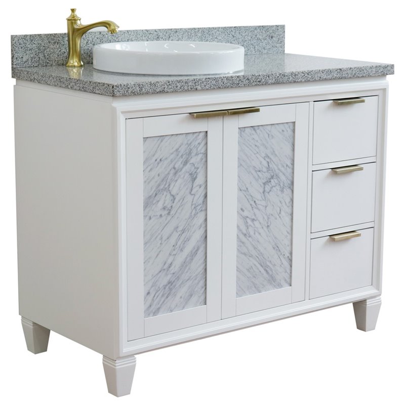 Pemberly Row Solid Wood Vanity with Left Round Sink in White/Gray Granite Stone