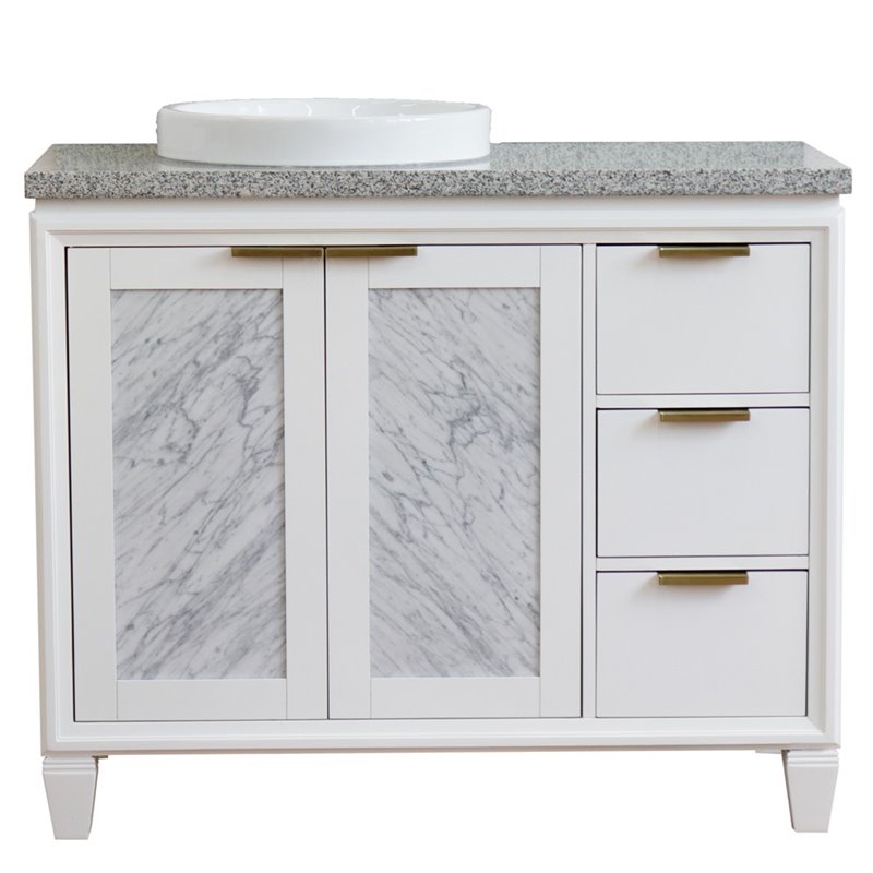 Pemberly Row Solid Wood Vanity with Left Round Sink in White/Gray Granite Stone