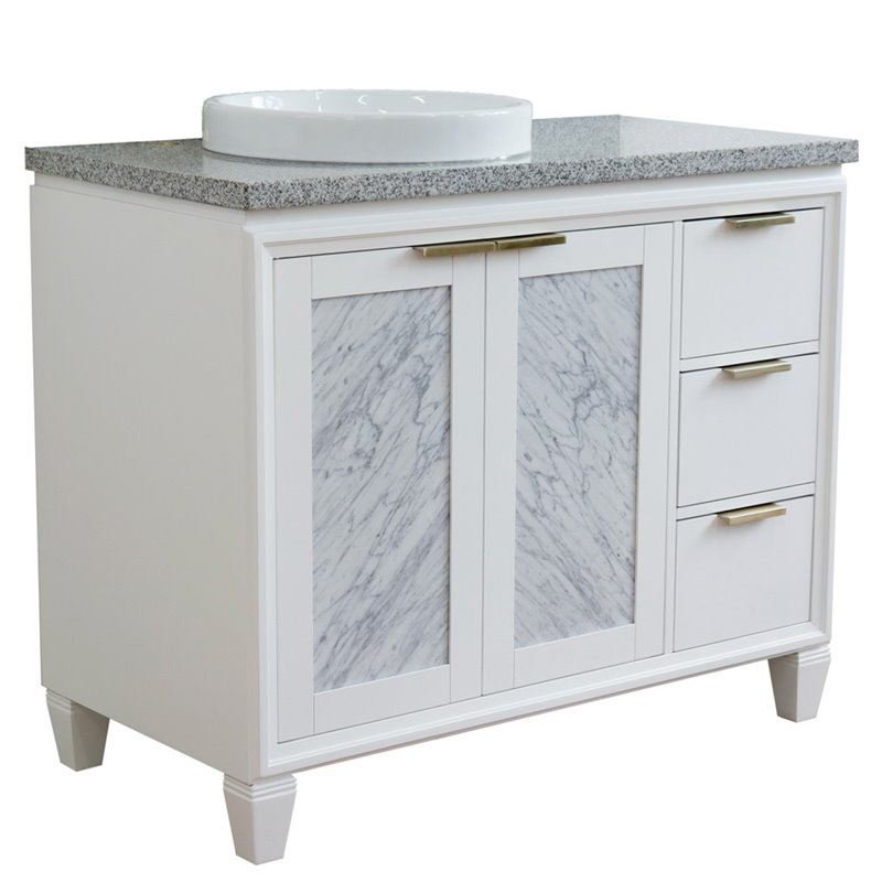 Pemberly Row Solid Wood Vanity with Left Round Sink in White/Gray Granite Stone