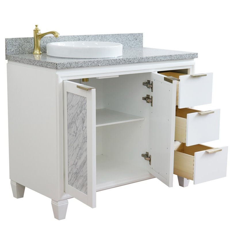 Pemberly Row Solid Wood Vanity with Left Round Sink in White/Gray Granite Stone