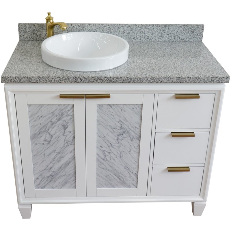 Pemberly Row Solid Wood Vanity with Left Round Sink in White/Gray Granite Stone
