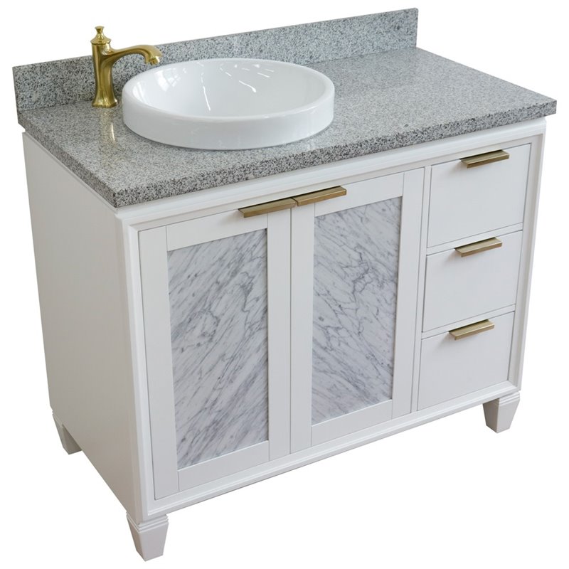 Pemberly Row Solid Wood Vanity with Left Round Sink in White/Gray Granite Stone