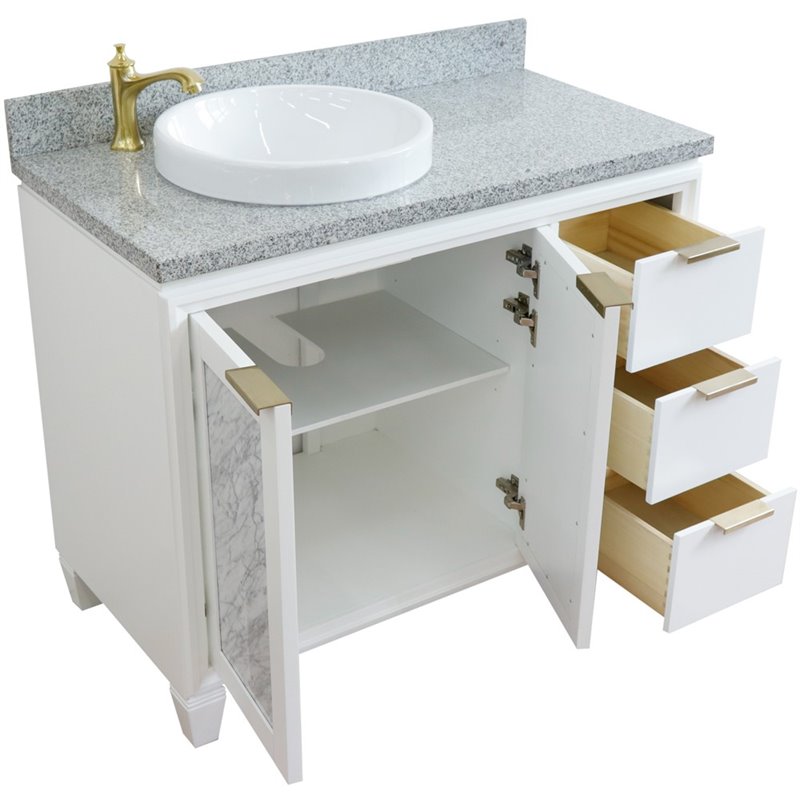 Pemberly Row Solid Wood Vanity with Left Round Sink in White/Gray Granite Stone
