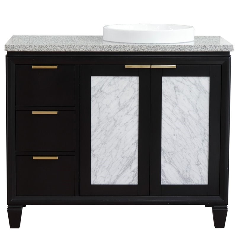 Pemberly Row Solid Wood Vanity with Right Round Sink in Blue/Gray Granite Stone