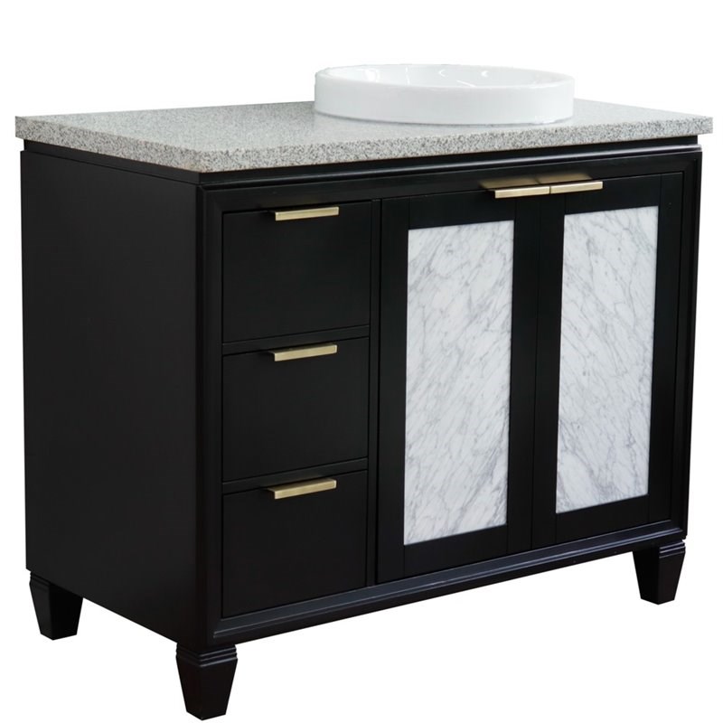 Pemberly Row Solid Wood Vanity with Right Round Sink in Blue/Gray Granite Stone
