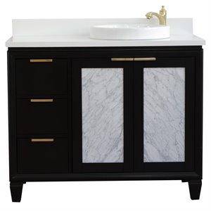 Pemberly Row Solid Wood Vanity with Right Round Sink in Blue/White Quartz Stone