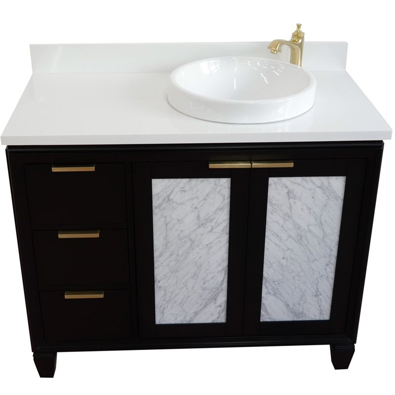 Pemberly Row Solid Wood Vanity with Right Round Sink in Blue/White Quartz Stone