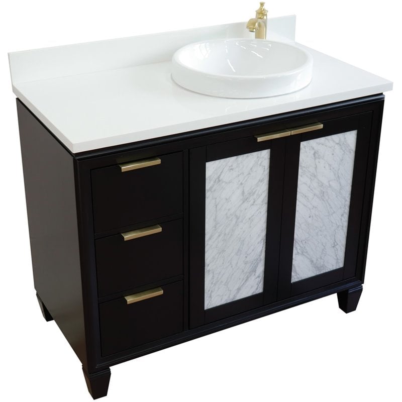 Pemberly Row Solid Wood Vanity with Right Round Sink in Blue/White Quartz Stone