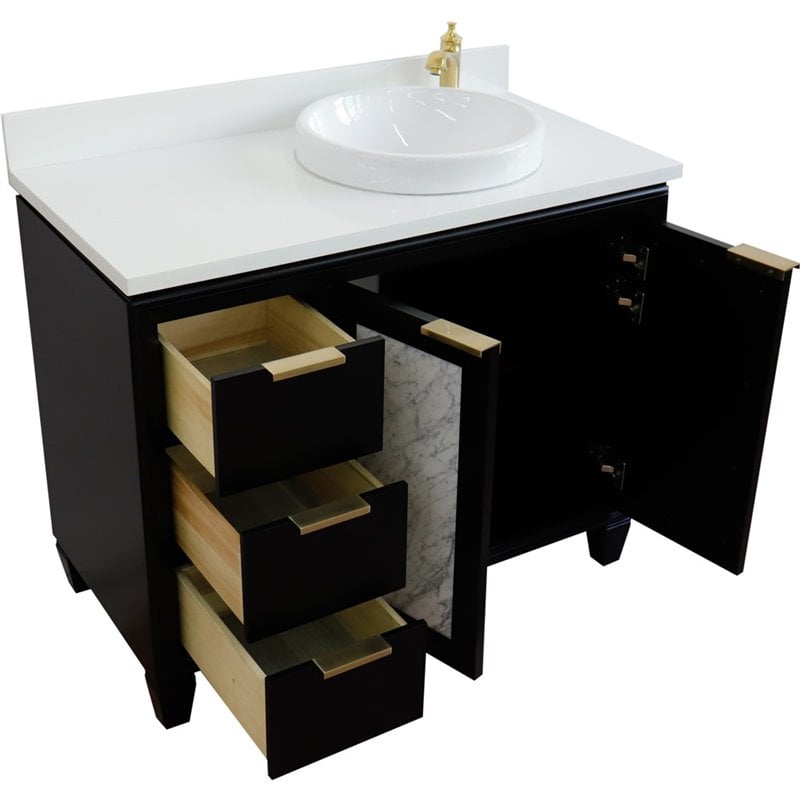 Pemberly Row Solid Wood Vanity with Right Round Sink in Blue/White Quartz Stone