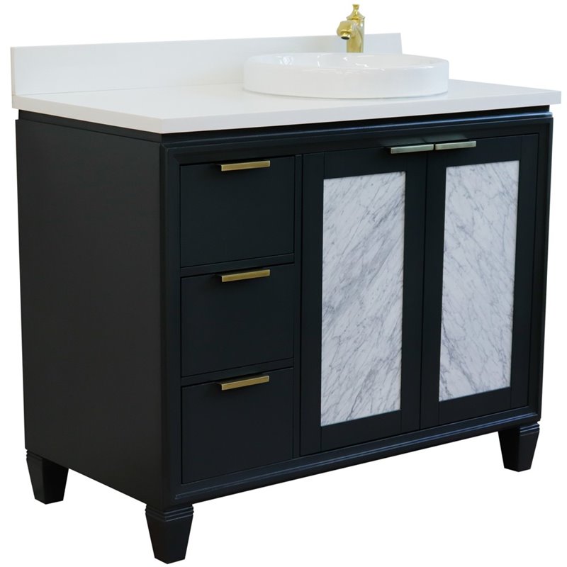 Pemberly Row Solid Wood Vanity with Right Round Sink in Gray/White Quartz Stone