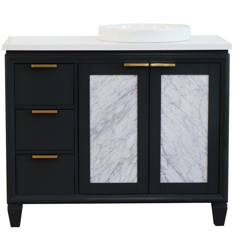Pemberly Row Solid Wood Vanity with Right Round Sink in Gray/White Quartz Stone