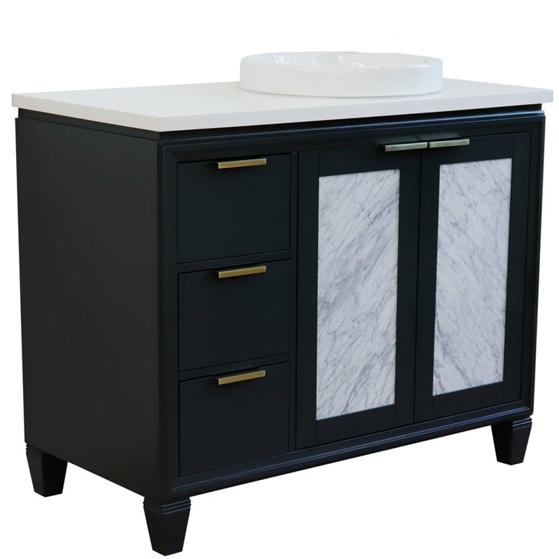 Pemberly Row Solid Wood Vanity with Right Round Sink in Gray/White Quartz Stone