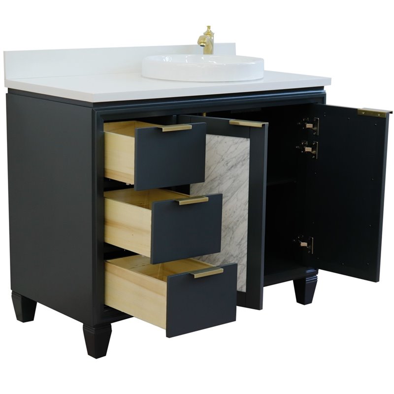 Pemberly Row Solid Wood Vanity with Right Round Sink in Gray/White Quartz Stone