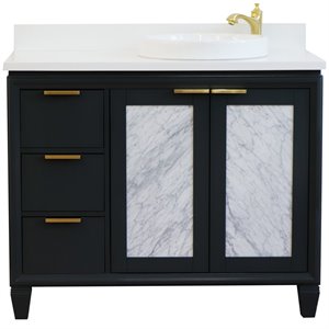 Pemberly Row Solid Wood Vanity with Right Round Sink in Gray/White Quartz Stone