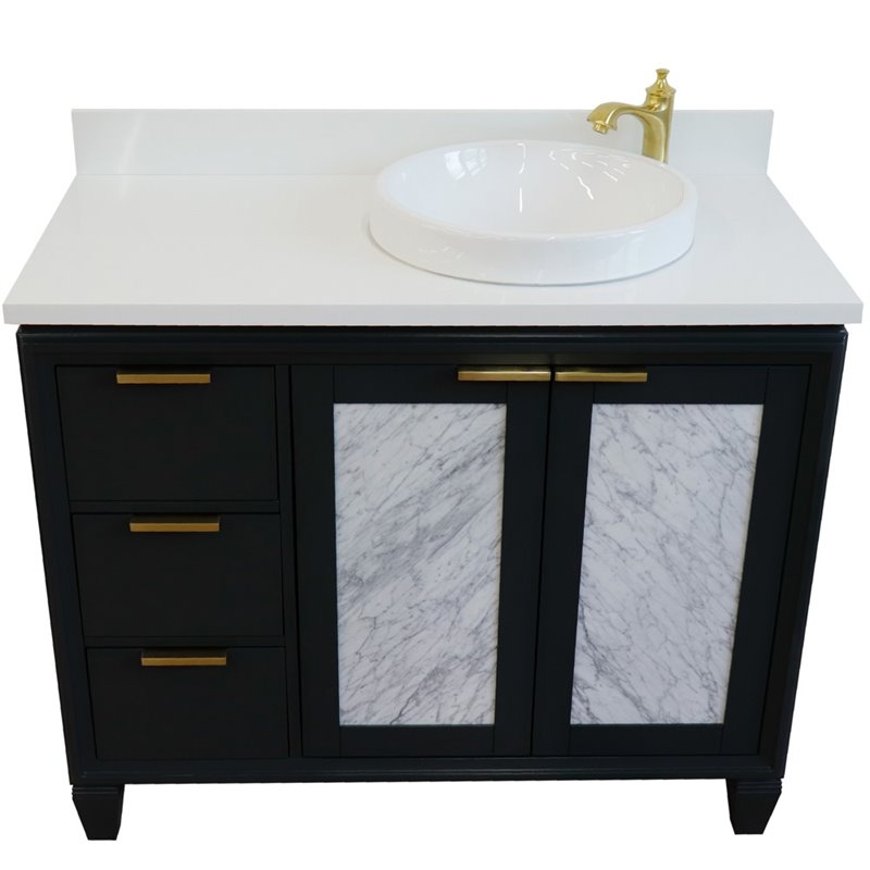 Pemberly Row Solid Wood Vanity with Right Round Sink in Gray/White Quartz Stone