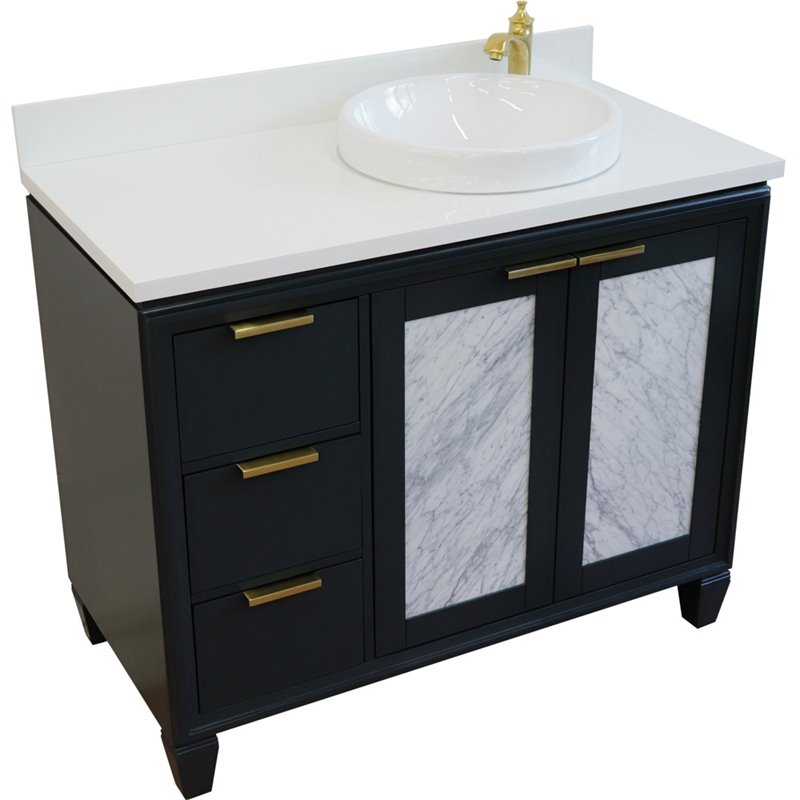 Pemberly Row Solid Wood Vanity with Right Round Sink in Gray/White Quartz Stone
