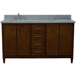 Pemberly Row 61&quot Double Oval Sink Solid Wood Vanity in Walnut/Gray Granite Stone