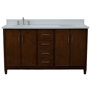 Pemberly Row 61&quot Double Oval Sink Solid Wood Vanity in Walnut/White Quartz Stone