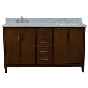 Pemberly Row 61&quot Solid Wood Double Rectangle Sink Vanity in Walnut/White Carrara