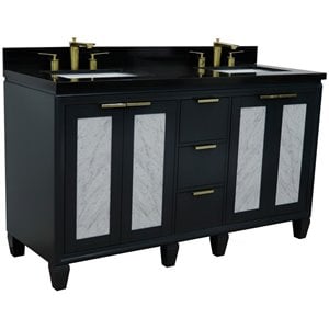 Pemberly Row 61&quot Solid Wood Double Rectangle Sink Vanity in Gray/Black Galaxy