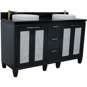 Pemberly Row 61&quot Solid Wood Double Round Sink Vanity in Dark Gray/Black Galaxy