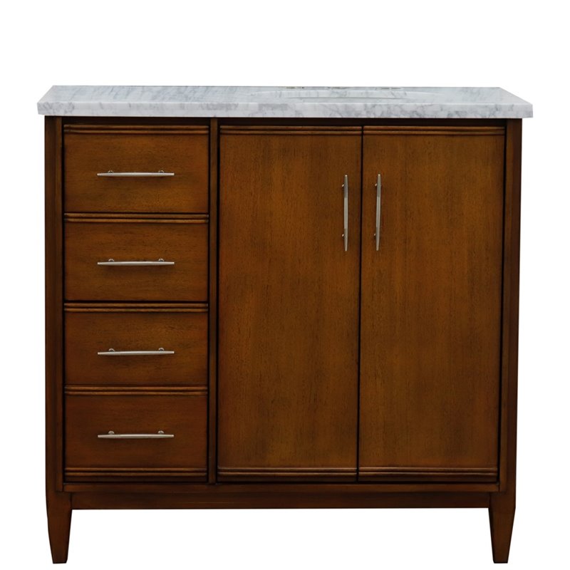 Pemberly Row Solid Wood Single Vanity w/ Right Oval Sink in Walnut/White Carrara