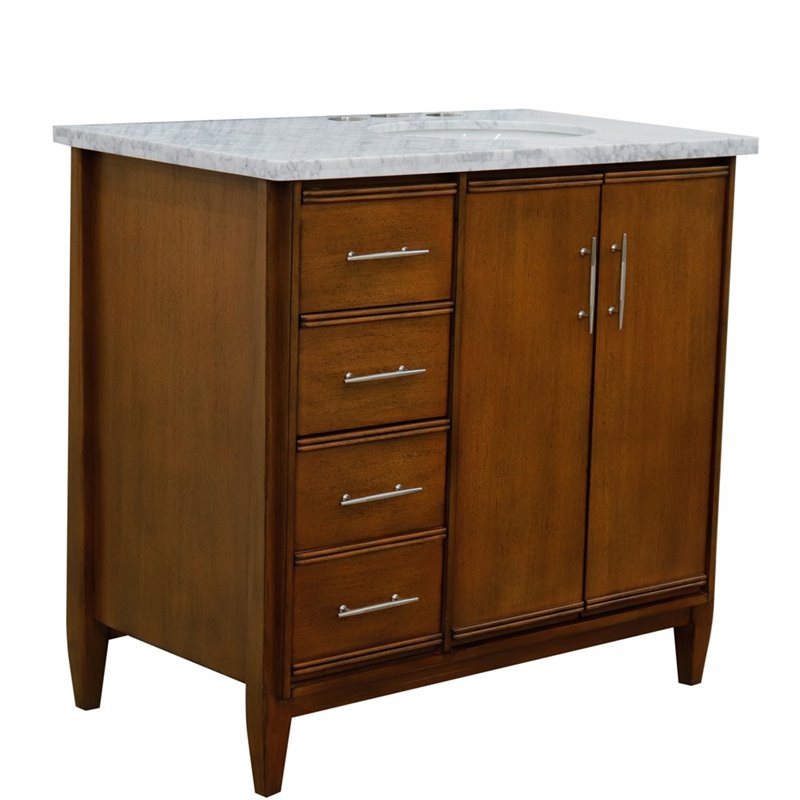Pemberly Row Solid Wood Single Vanity w/ Right Oval Sink in Walnut/White Carrara