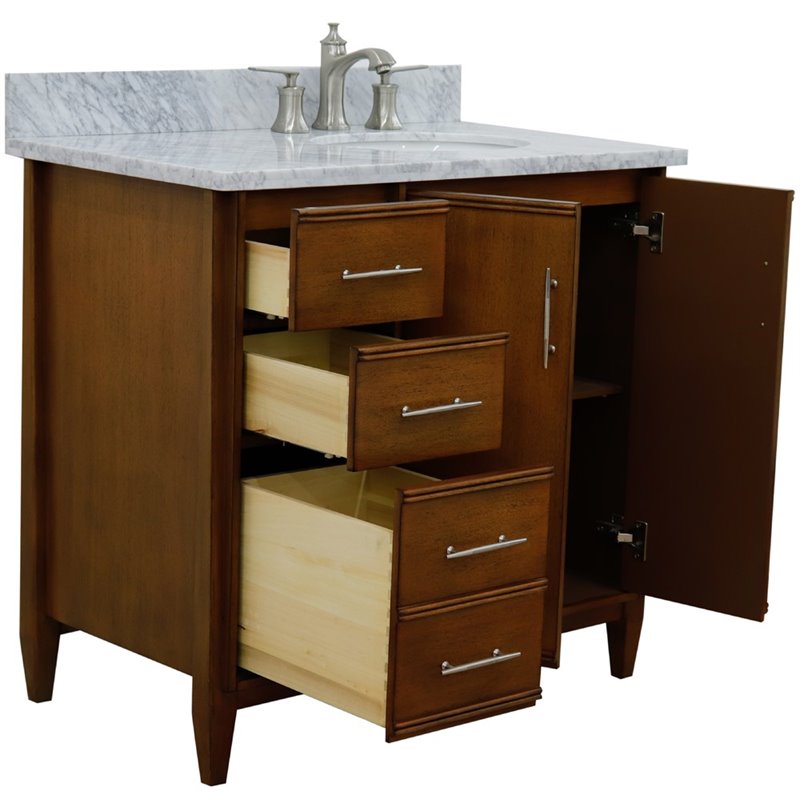 Pemberly Row Solid Wood Single Vanity w/ Right Oval Sink in Walnut/White Carrara