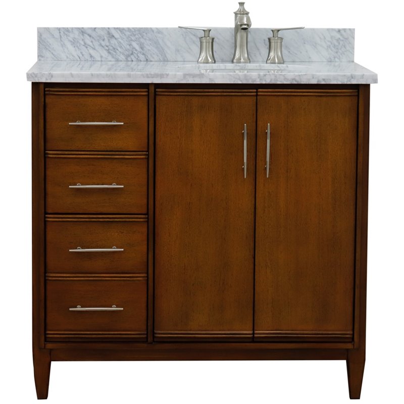 Pemberly Row Solid Wood Single Vanity w/ Right Oval Sink in Walnut/White Carrara