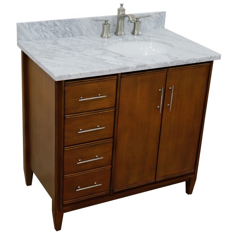 Pemberly Row Solid Wood Single Vanity w/ Right Oval Sink in Walnut/White Carrara