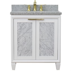 Pemberly Row 31&quot Single Oval Sink Solid Wood Vanity in White/Gray Granite Stone