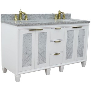 Pemberly Row 61&quot Double Oval Sink Solid Wood Vanity in White/Gray Granite Stone