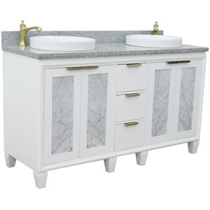 Pemberly Row 61&quot Double Round Sink Solid Wood Vanity in White/Gray Granite Stone