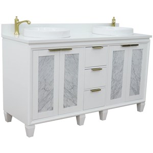 Pemberly Row 61&quot Double Round Sink Solid Wood Vanity in White/White Quartz Stone