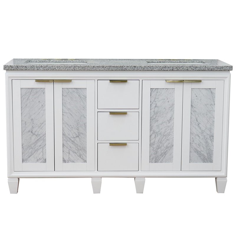 Pemberly Row Double Rectangle Sink Solid Wood Vanity in White/Gray Granite Stone