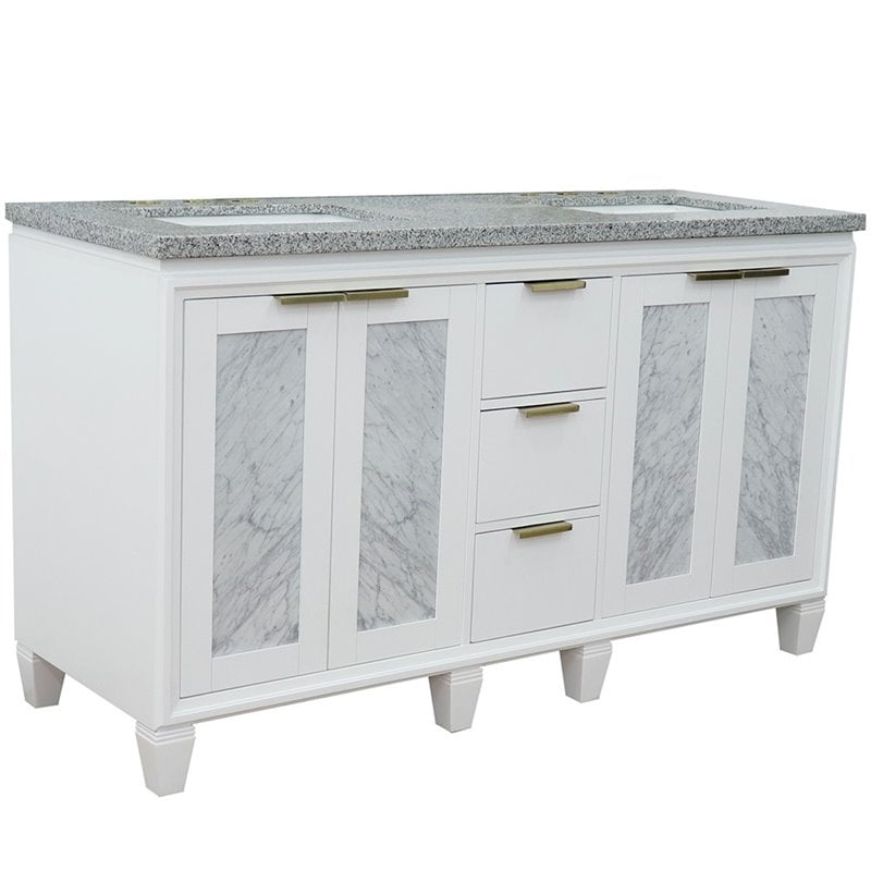 Pemberly Row Double Rectangle Sink Solid Wood Vanity in White/Gray Granite Stone