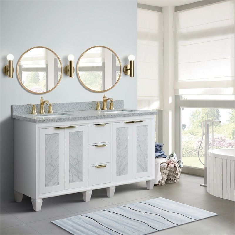 Pemberly Row Double Rectangle Sink Solid Wood Vanity in White/Gray Granite Stone