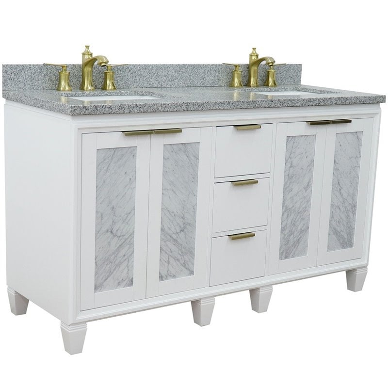 Pemberly Row Double Rectangle Sink Solid Wood Vanity in White/Gray Granite Stone