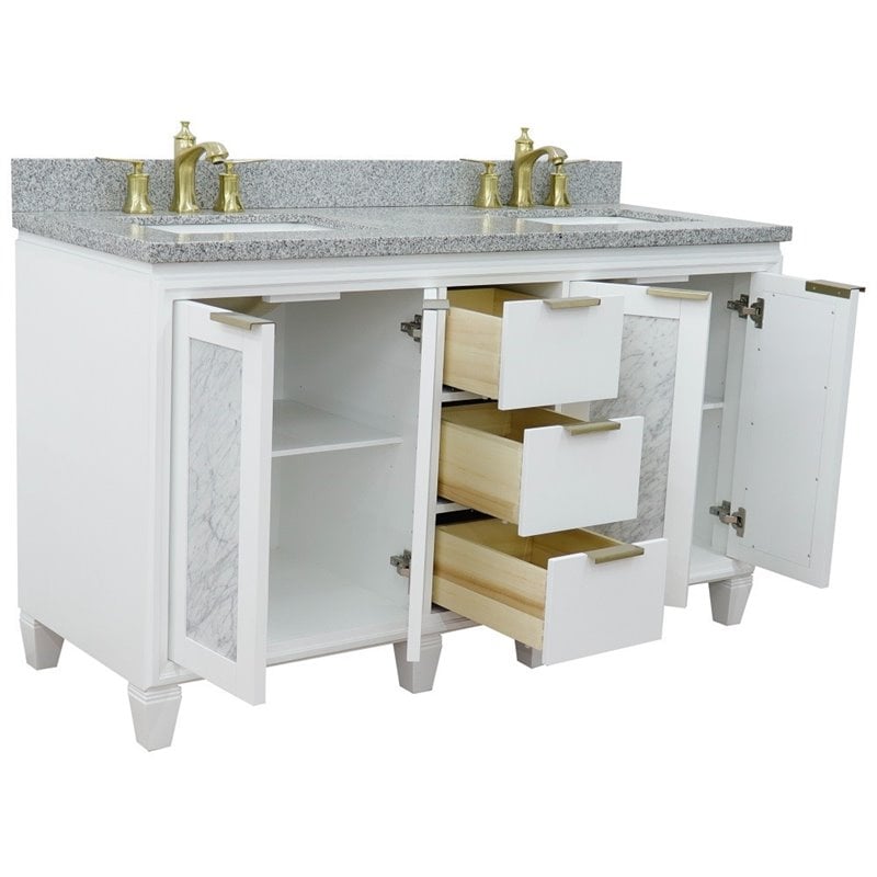 Pemberly Row Double Rectangle Sink Solid Wood Vanity in White/Gray Granite Stone