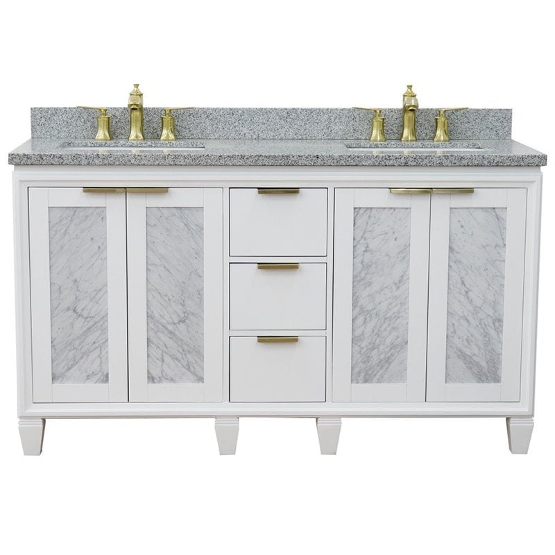 Pemberly Row Double Rectangle Sink Solid Wood Vanity in White/Gray Granite Stone