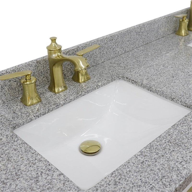 Pemberly Row Double Rectangle Sink Solid Wood Vanity in White/Gray Granite Stone