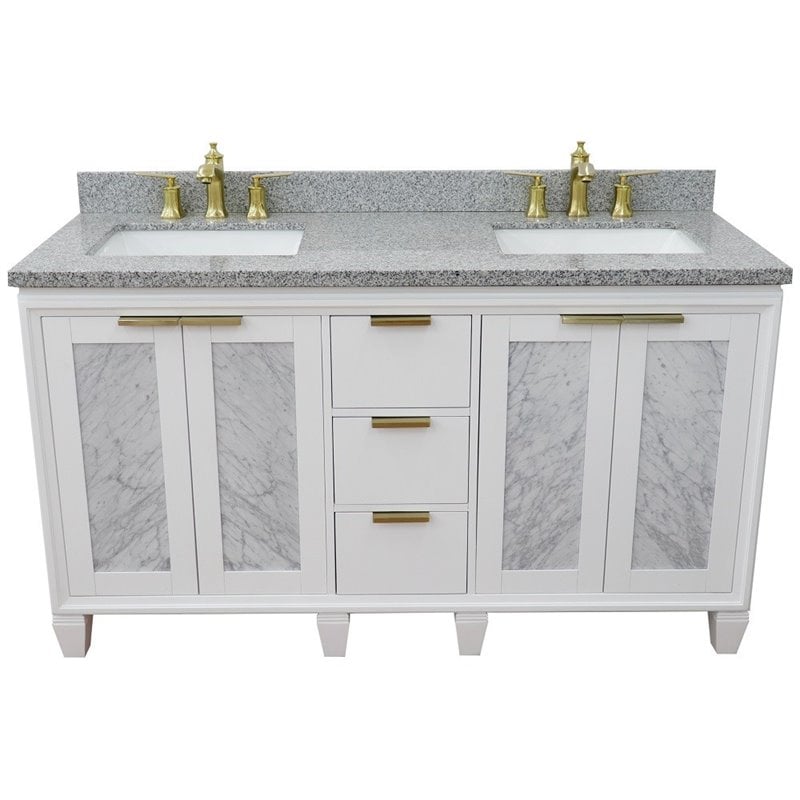 Pemberly Row Double Rectangle Sink Solid Wood Vanity in White/Gray Granite Stone