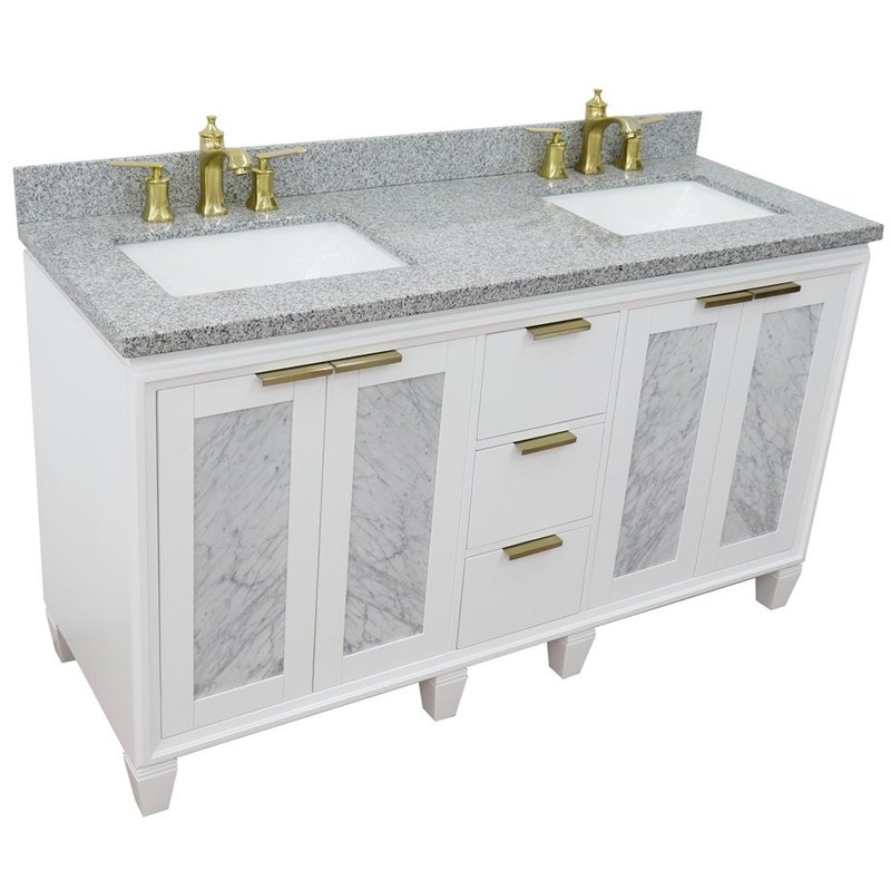 Pemberly Row Double Rectangle Sink Solid Wood Vanity in White/Gray Granite Stone