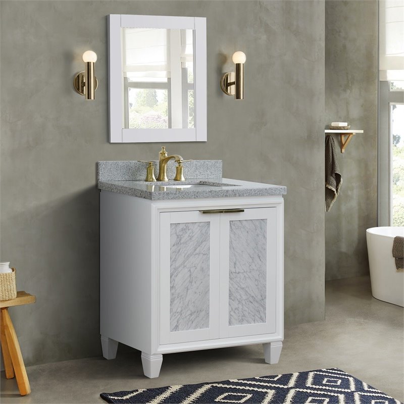 Pemberly Row Single Rectangle Sink Solid Wood Vanity in White/Gray Granite Stone