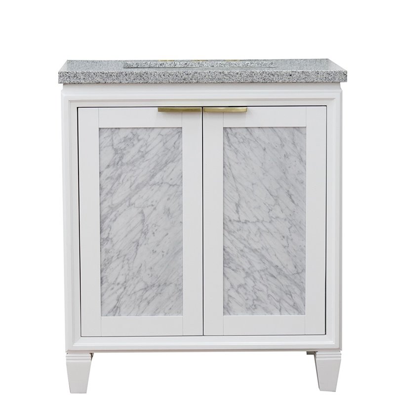 Pemberly Row Single Rectangle Sink Solid Wood Vanity in White/Gray Granite Stone
