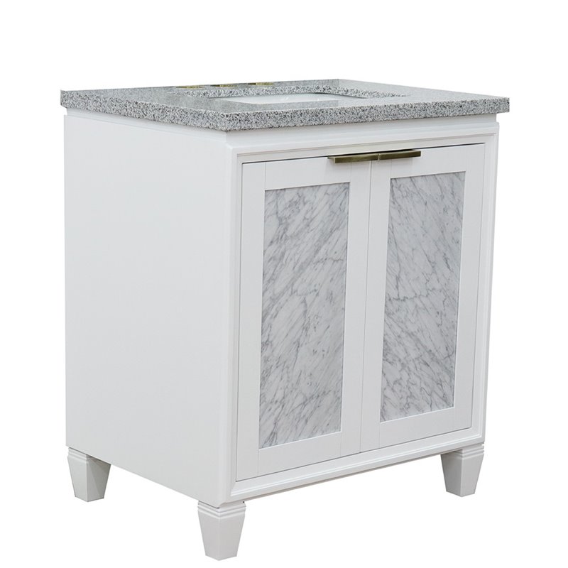Pemberly Row Single Rectangle Sink Solid Wood Vanity in White/Gray Granite Stone