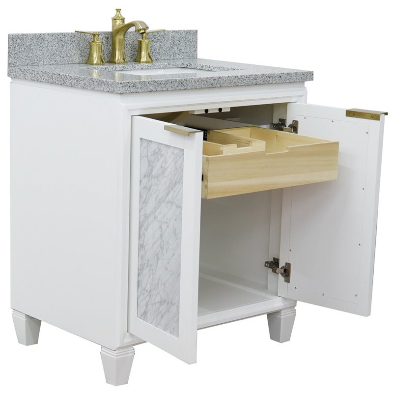 Pemberly Row Single Rectangle Sink Solid Wood Vanity in White/Gray Granite Stone