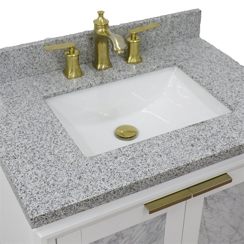 Pemberly Row Single Rectangle Sink Solid Wood Vanity in White/Gray Granite Stone